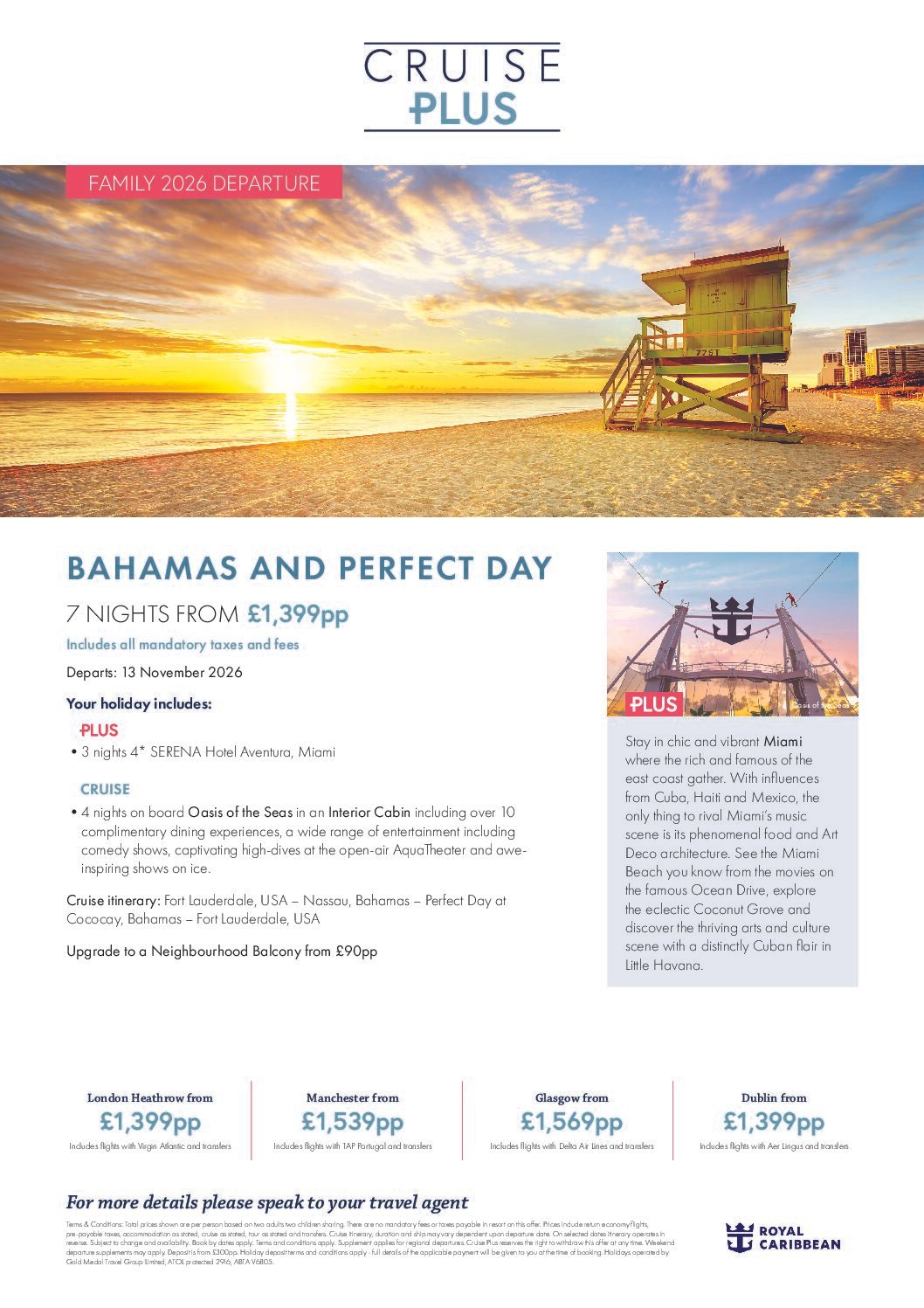 Cruise: Bahamas & Miami 2026 – 7 Nights From £1,399pp! Flights, Hotel, Cruise & Transfers